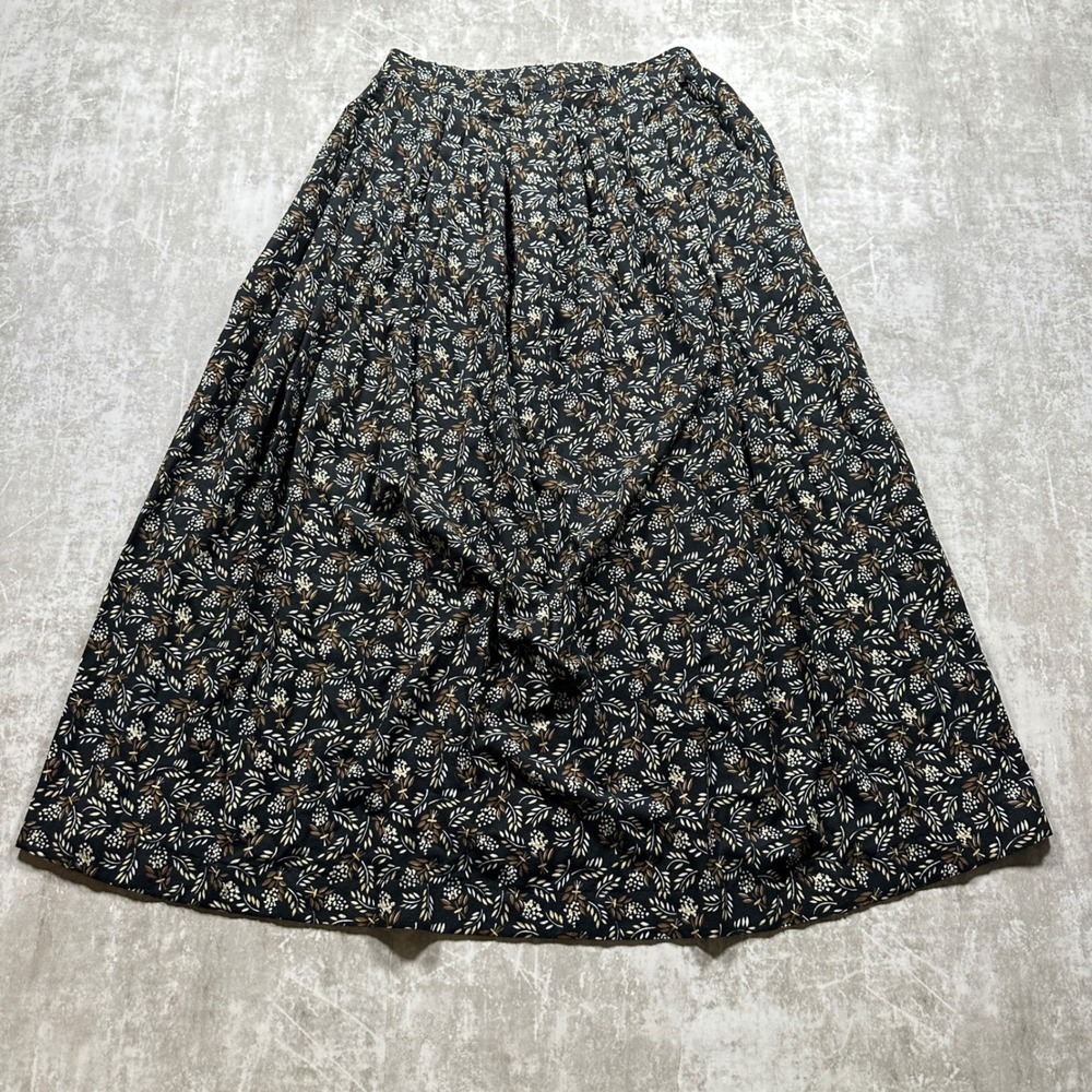 Vintage Jantzen Maxi Skirt Womens 10 Black Floral Leaf Pleated Made in USA